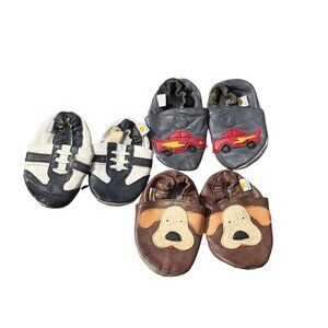 Bundle Of Three Pairs Of Soft Sole Leather Baby Shoes With Fun Designs & Elastic